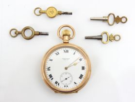 A gold plated Waltham open faced pocket watch, the white enamel dial with Roman numerals and