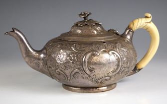 A George III silver teapot, Joseph Craddock and William Ker Reid, London 1813, the cast flowerhead