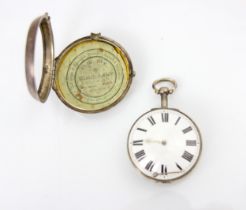 A George III silver pair cased pocket watch, stamped for London 1815, the white enamel dial with