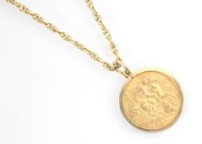 An Edward VII mounted half sovereign, dated 1907, within plain polished pendant mount, upon an