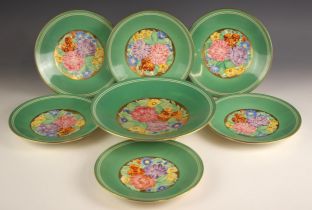 A set of six Gray's Pottery Art Deco style plates, circa 1939-1945, probably by Sam Talbot NRD