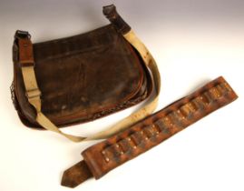 A French leather shooting bag, 20th century, with adjustable shoulder strap, a knotted twine