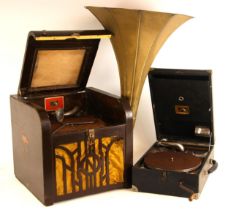 A His Master's Voice (HMV) wind-up gramophone, of typical form with chrome fittings, within wooden