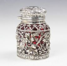 A Victorian silver mounted dressing table jar, Sampson Mordan and Co, London 1892, the cranberry