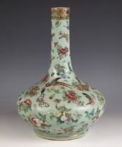 A Chinese porcelain Canton celadon ground bottle vase, 19th century, the lower compressed globular