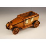 An early 20th century sycamore novelty table humidor or cigarette box, modelled as a motor car,