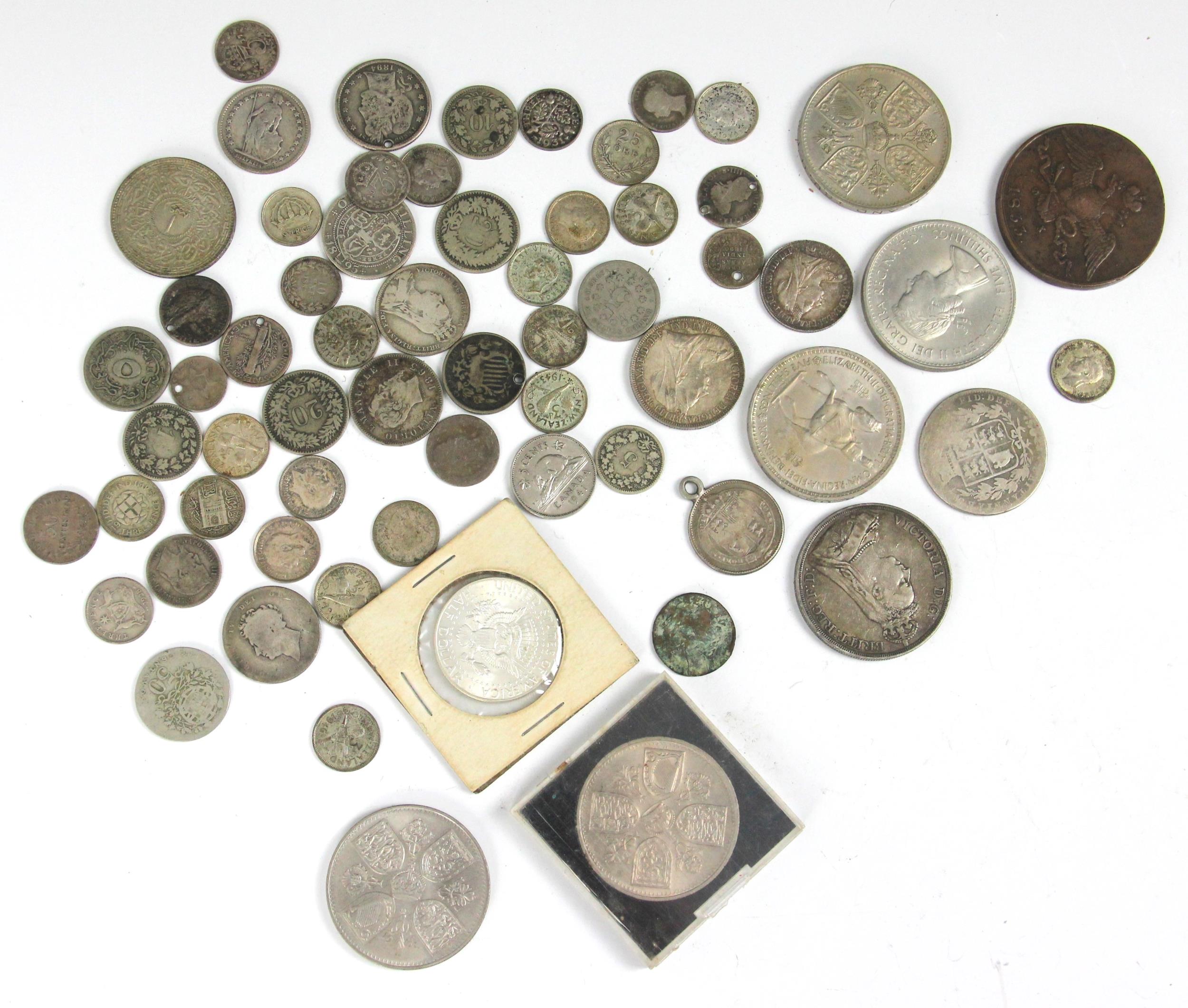 A collection of English and foreign coins, to include a Russian 1833 10 kopek and an 1887 Queen