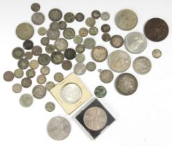 A collection of English and foreign coins, to include a Russian 1833 10 kopek and an 1887 Queen