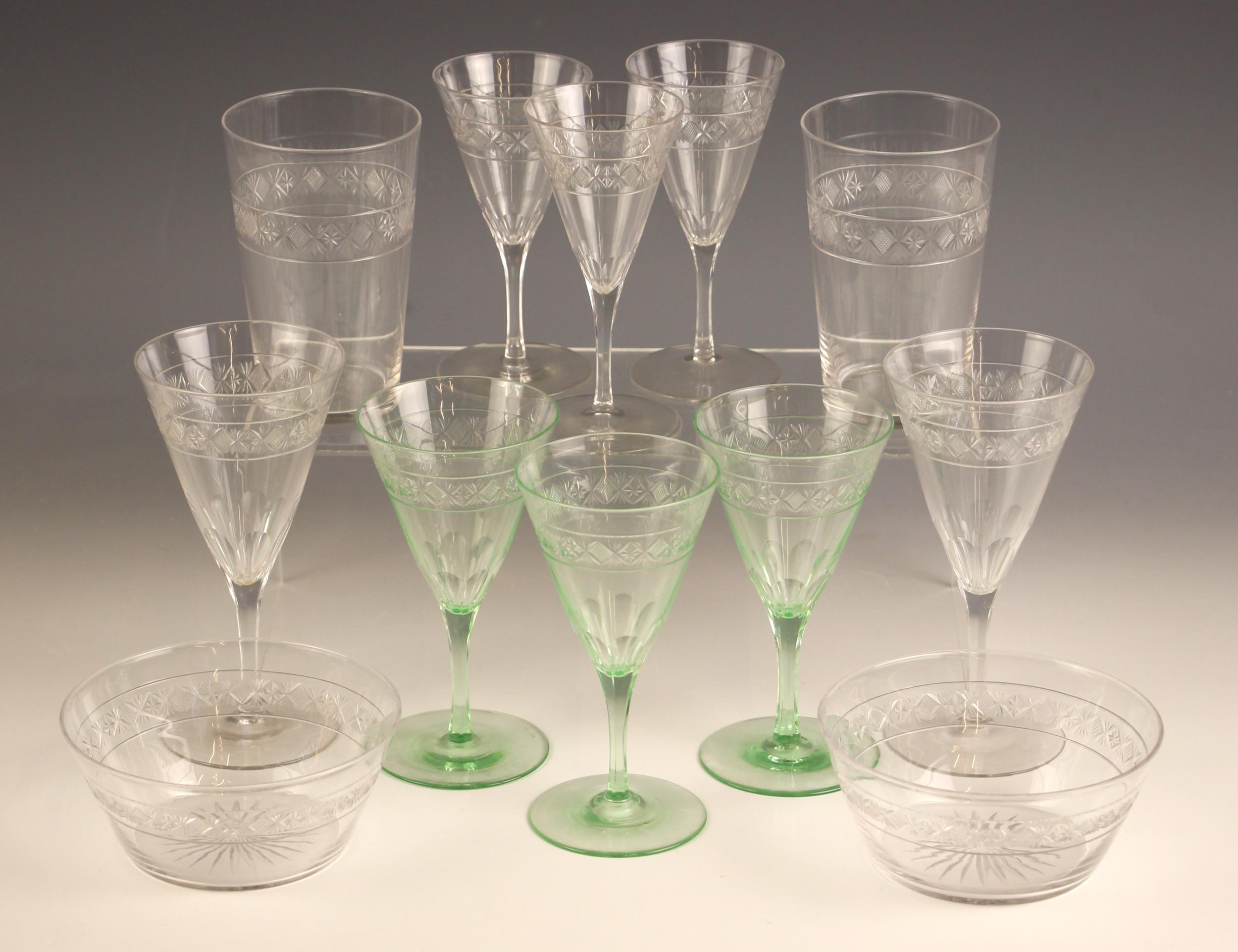 A part suite of glassware, early 20th century, each piece with banded geometric decoration to the