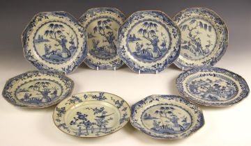 Eight assorted Chinese blue and white plates, Qianlong (1736-1795), comprising; a set of six