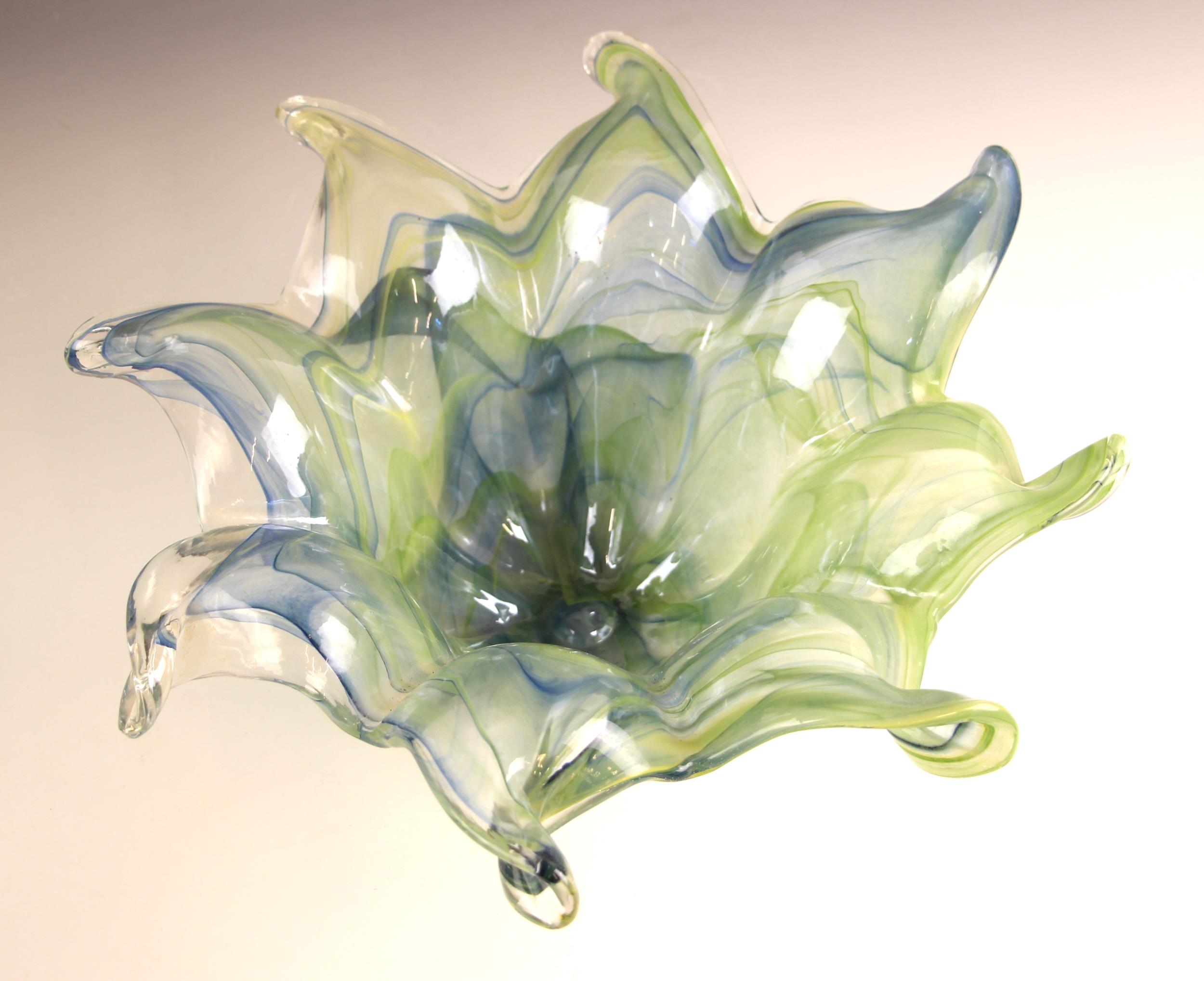 A Murano glass style flower head vase, 20th century decorated in green and blue colourways, 16.5cm