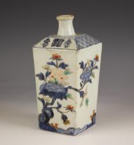 A Japanese porcelain vase, Edo period, of square section and decorated in the Imari palette with