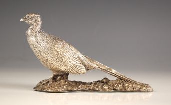 A silver model of a pheasant, modelled on a naturalistic ground, stamped 'Geenty' in the cast,