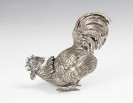 A silver model of a cockerel, Berthold Hermann Muller, London import marks, 1923, the bird