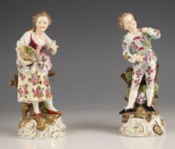 A near pair of continental porcelain figures, 20th century, one modelled as a lady collecting
