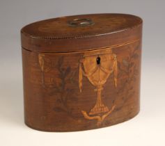 A Regency mahogany and inlaid tea caddy, of oval form, the hinged cover centred with a satinwood fan