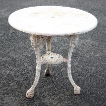 A cast-iron Britannia pub table, the circular painted composite top, upon three supports each cast