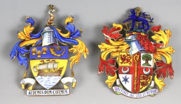Two enamel on gilt metal town coats of arms, one representing Birkenhead, the other