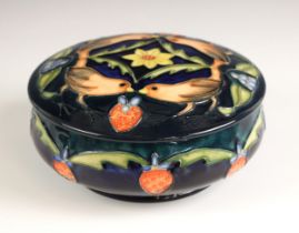 A Moorcroft dressing table jar and cover, late 20th century, in the 'Strawberry Thief' pattern,