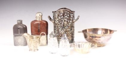 A selection of silver and silver plate, including two silver plated and leather hip flasks, with