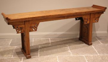 A large Chinese stained wood altar/console table, late 20th century, the rectangular top with