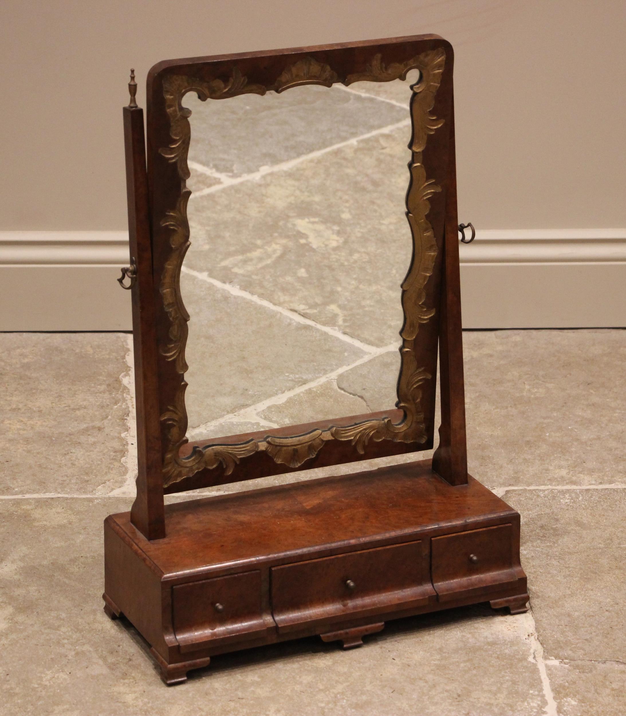 A George I style burr elm veneered dressing table mirror, 20th century, the rectangular mirrored
