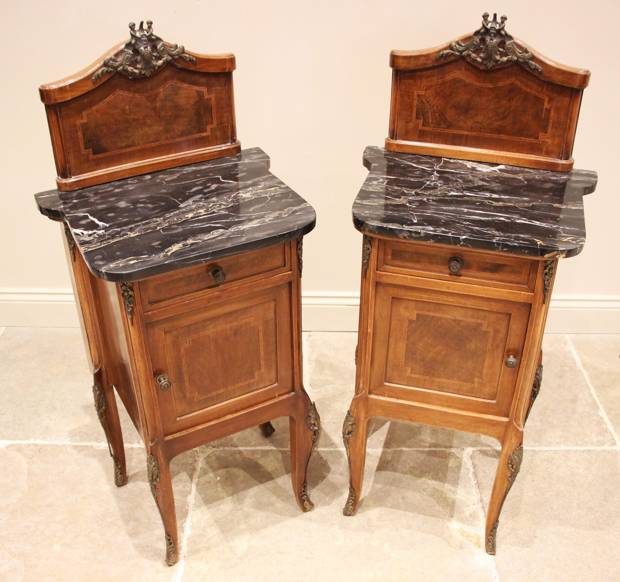 A pair of Louis XV style walnut and marble topped bedside cupboards, early to mid 20th century, each - Image 2 of 2
