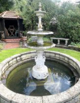 A cast metal three-tier garden water fountain, 220cm H x 85cm D (at fault)