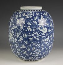 A Chinese porcelain blue and white ginger jar, the large ovoid jar externally decorated with an