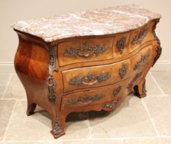 A French Louis XV style kingwood marble topped bombe commode chest, early to mid 20th century, the