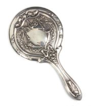 A George V silver mounted hand held mirror, W and F Rabone, Birmingham 1911, the reverse of the