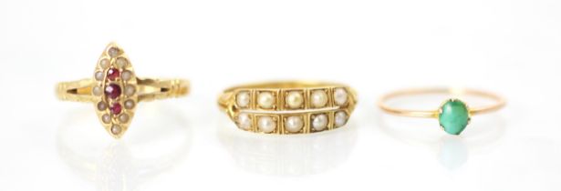 A selection of three rings, including an 18ct yellow gold split pearl example, the double row of