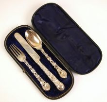 A Victorian silver christening set, Chawner and Co, London 1863, comprising knife, fork and spoon,