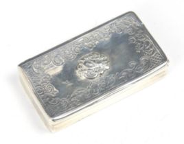 A continental white metal trinket box, the rectangular hinged cover with engraved floral border