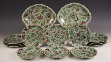 A Chinese Canton porcelain celadon ground dessert service, 19th century, comprising; twelve circualr