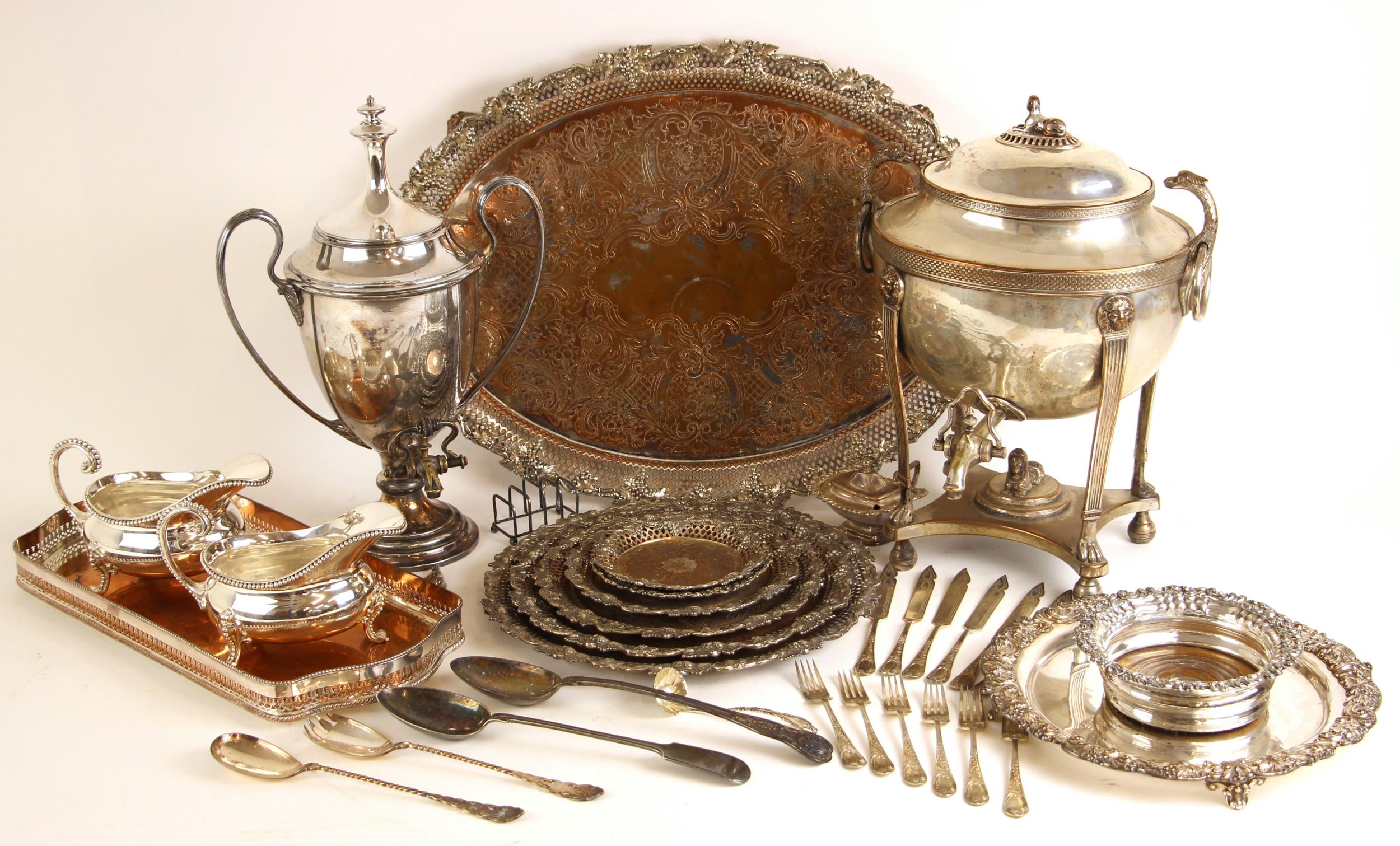 A large selection of silver plate, including a pair of silver-plated Elkington and Co sauce boats,