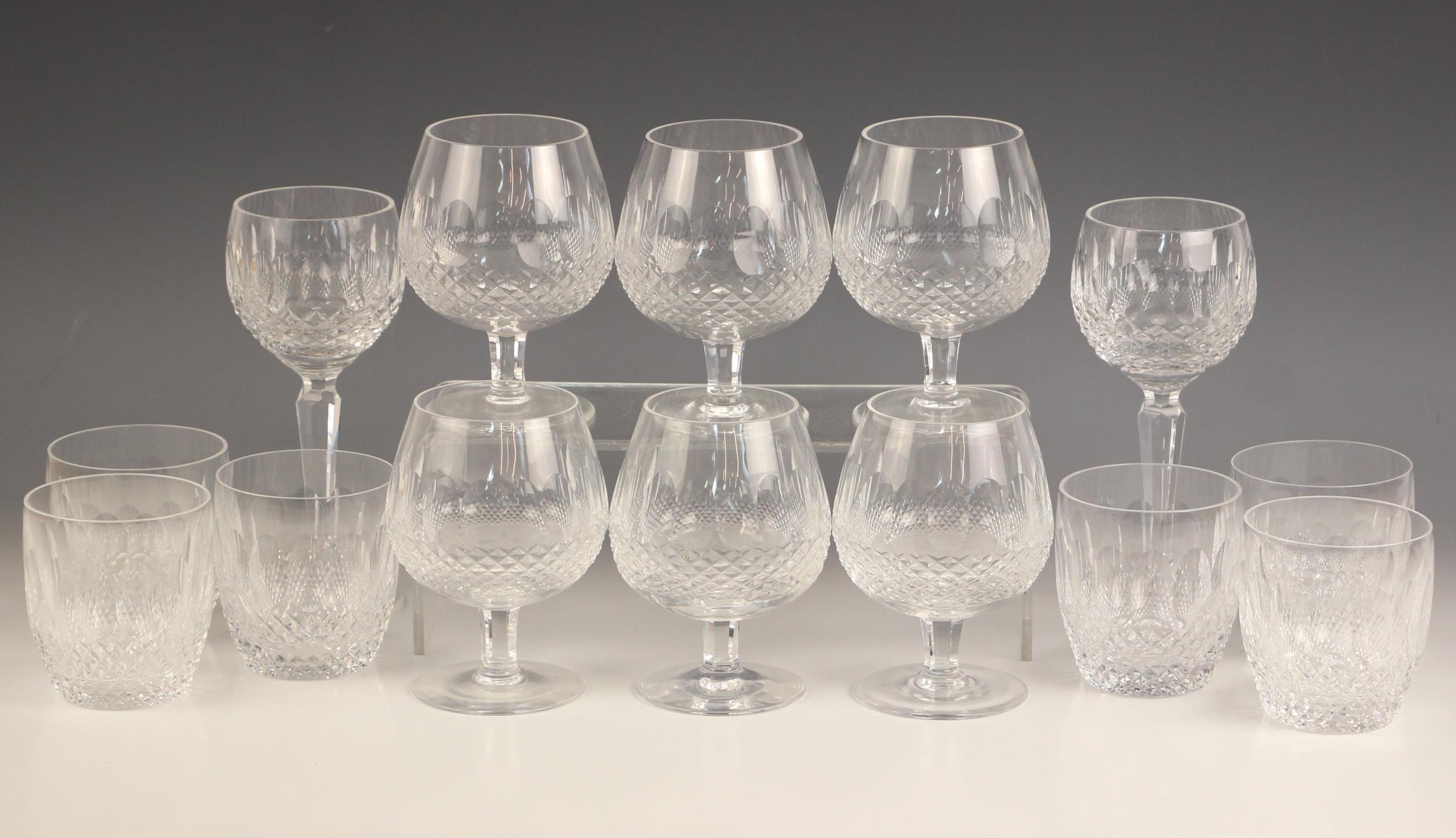 Six Waterford Crystal 'Colleen' pattern brandy balloon glasses, 13cm high, with six conforming