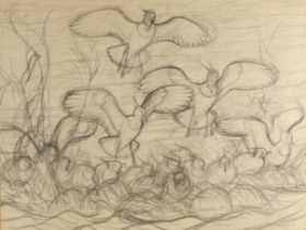 English school (20th century), A study of seabirds landing on a crowded nesting area, Pencil on