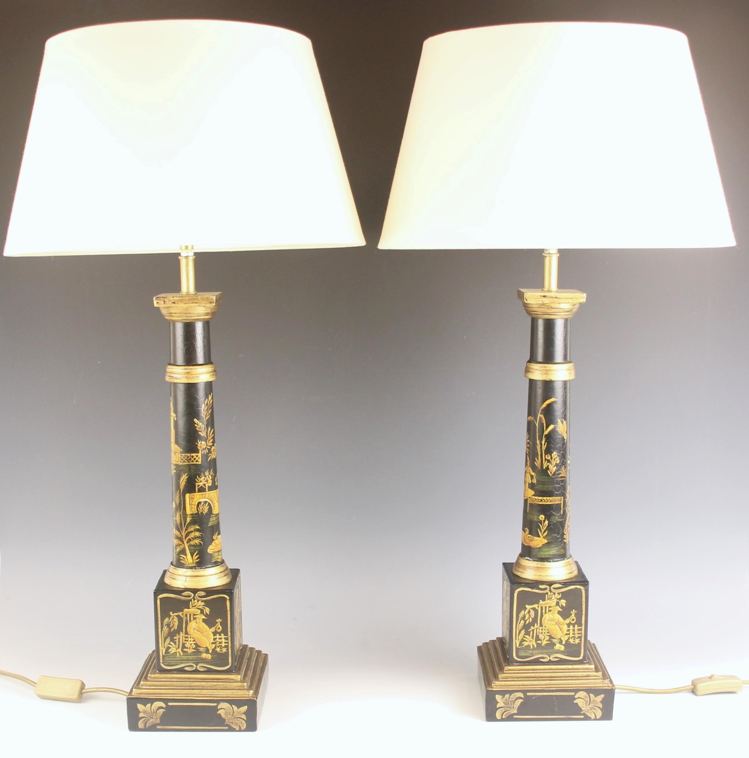 A pair of Japanned lacquered wooden table lamps, 20th century, each modelled as a tapering doric - Image 2 of 3