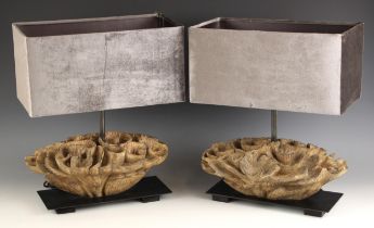 A pair of Oka 'Anthozoa' hand carved table lamps, each upon integral plinth, with rectangular velour