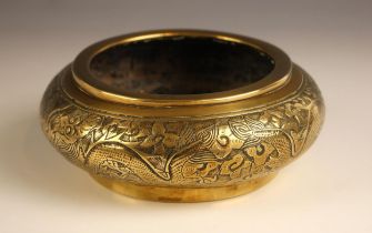 A Chinese polished bronze censer, bearing Xuande six character mark but later, of compressed