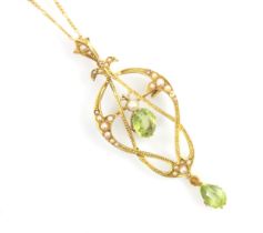 A 20th century peridot and split pearl pedant/brooch, the central oval cut peridot within sinuous