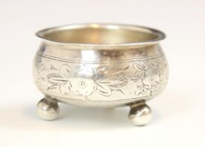 A Russian silver open salt, Fyodor Ivanov, Moscow c1876, of cauldron form with engraved floral