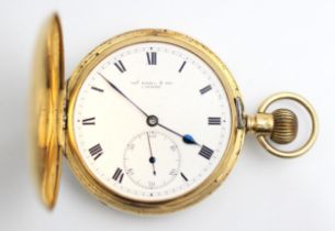 An 18ct yellow gold 'Thos Russell and Son' full hunter pocket watch, the circular white enamel