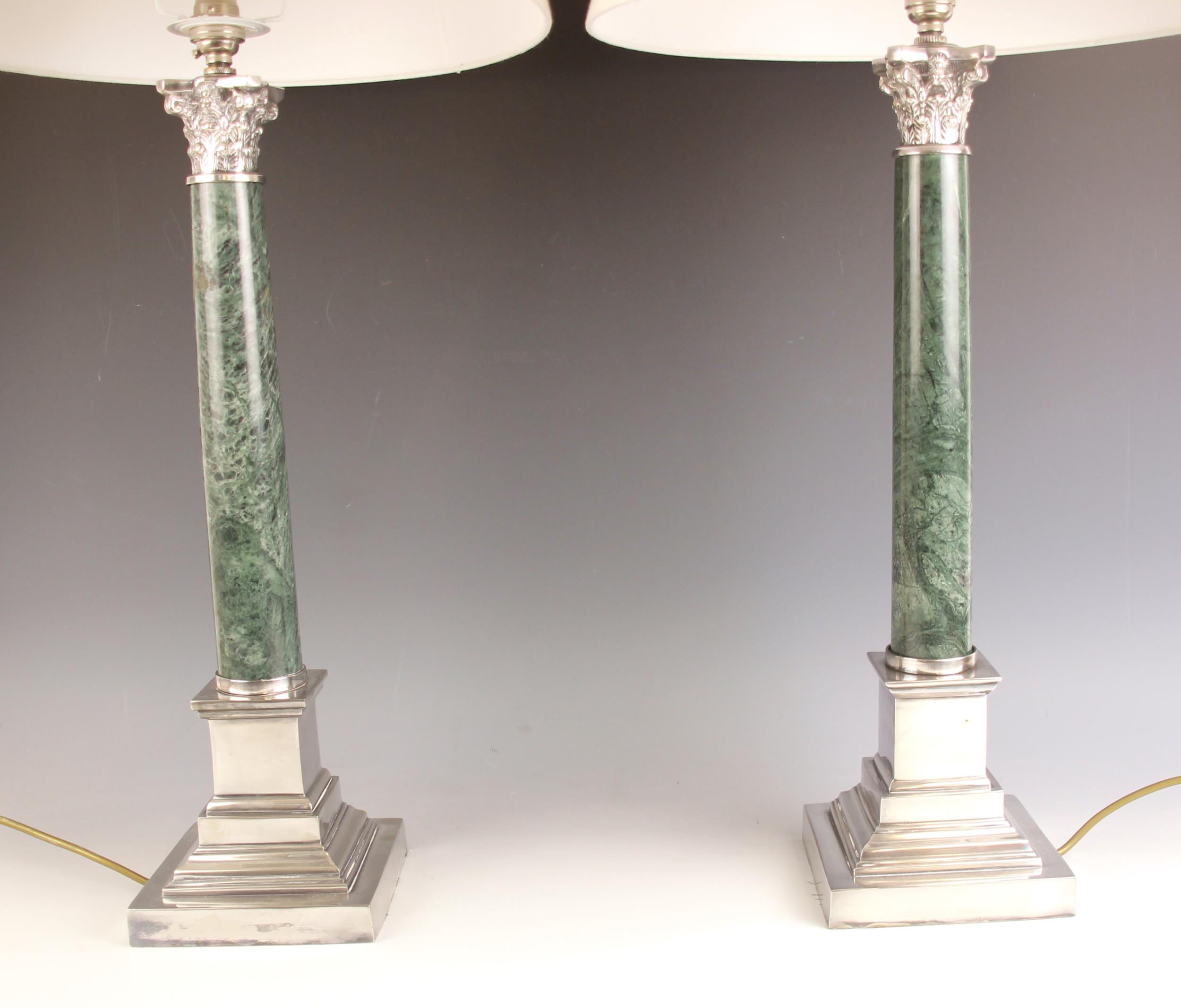 A pair of silver plate mounted green marble table lamps, 20th century, the tapering marble column - Image 3 of 3