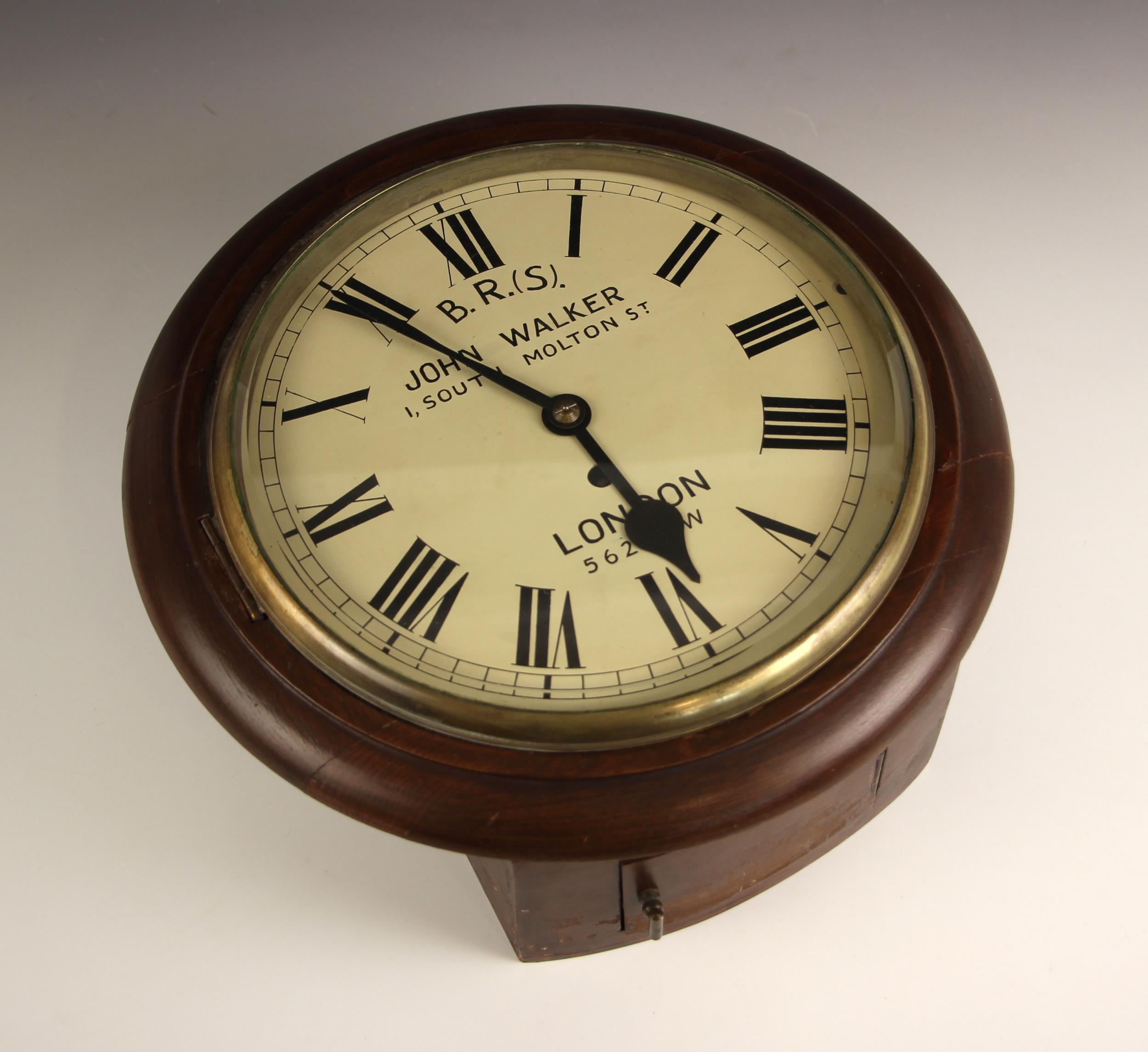 A mahogany cased fusee railway type clock, signed 'John Walker, 1 South Molton St, London',