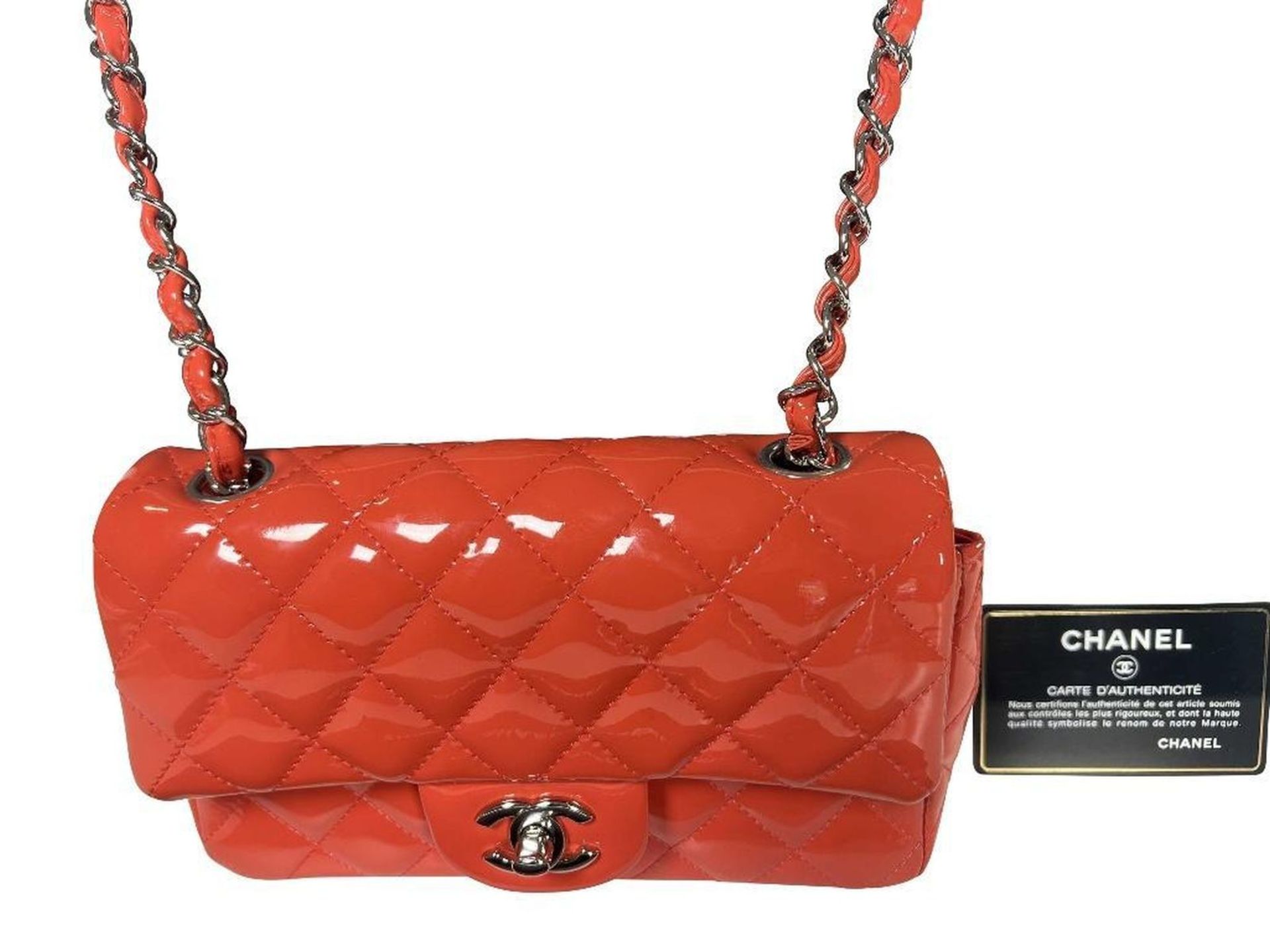 Chanel Coral Chevron Quilted Patent Leather Mini Flap Bag - Image 4 of 8