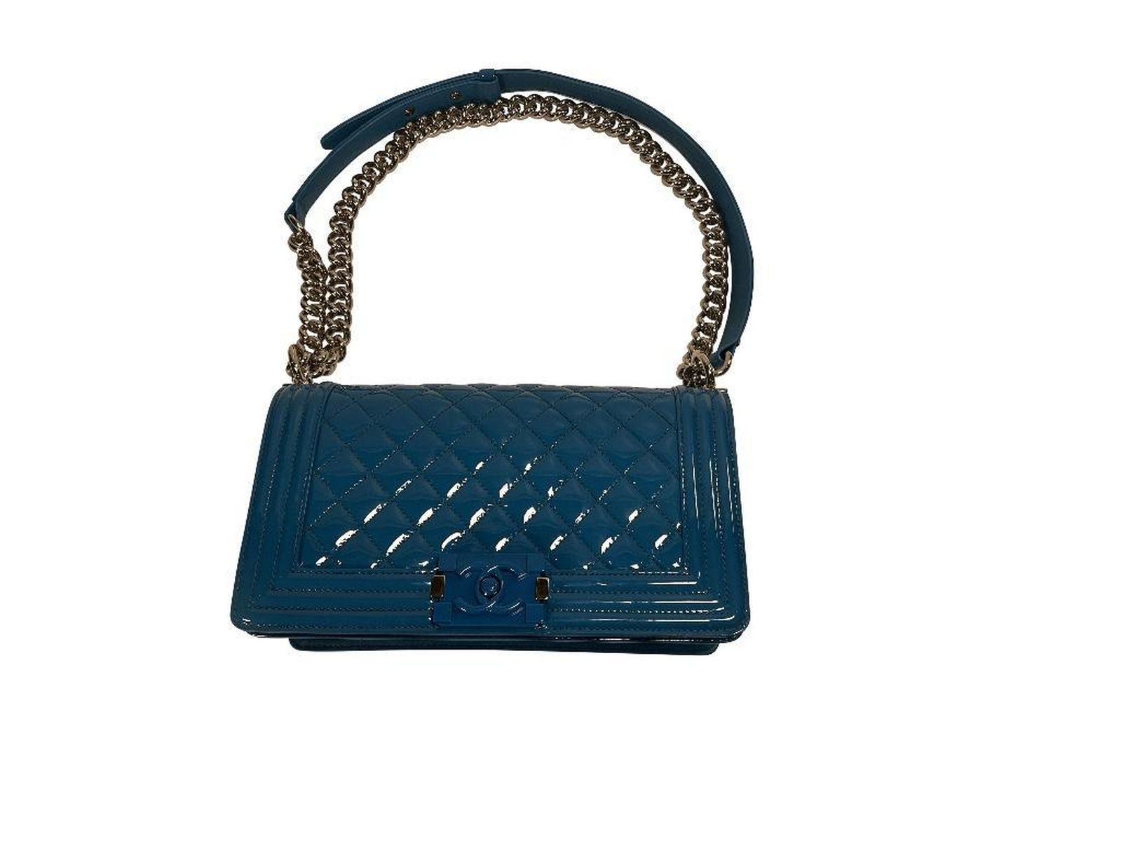 Chanel Blue Quilted Patent Leather Medium Boy Bag - Image 3 of 8