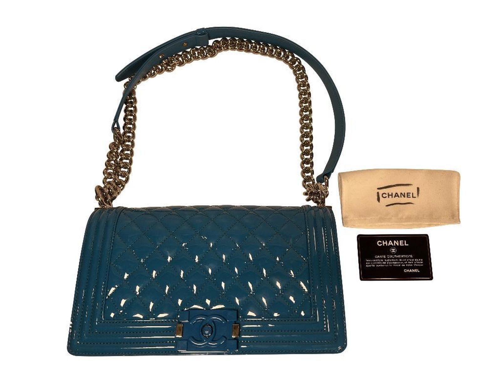 Chanel Blue Quilted Patent Leather Medium Boy Bag - Image 8 of 8