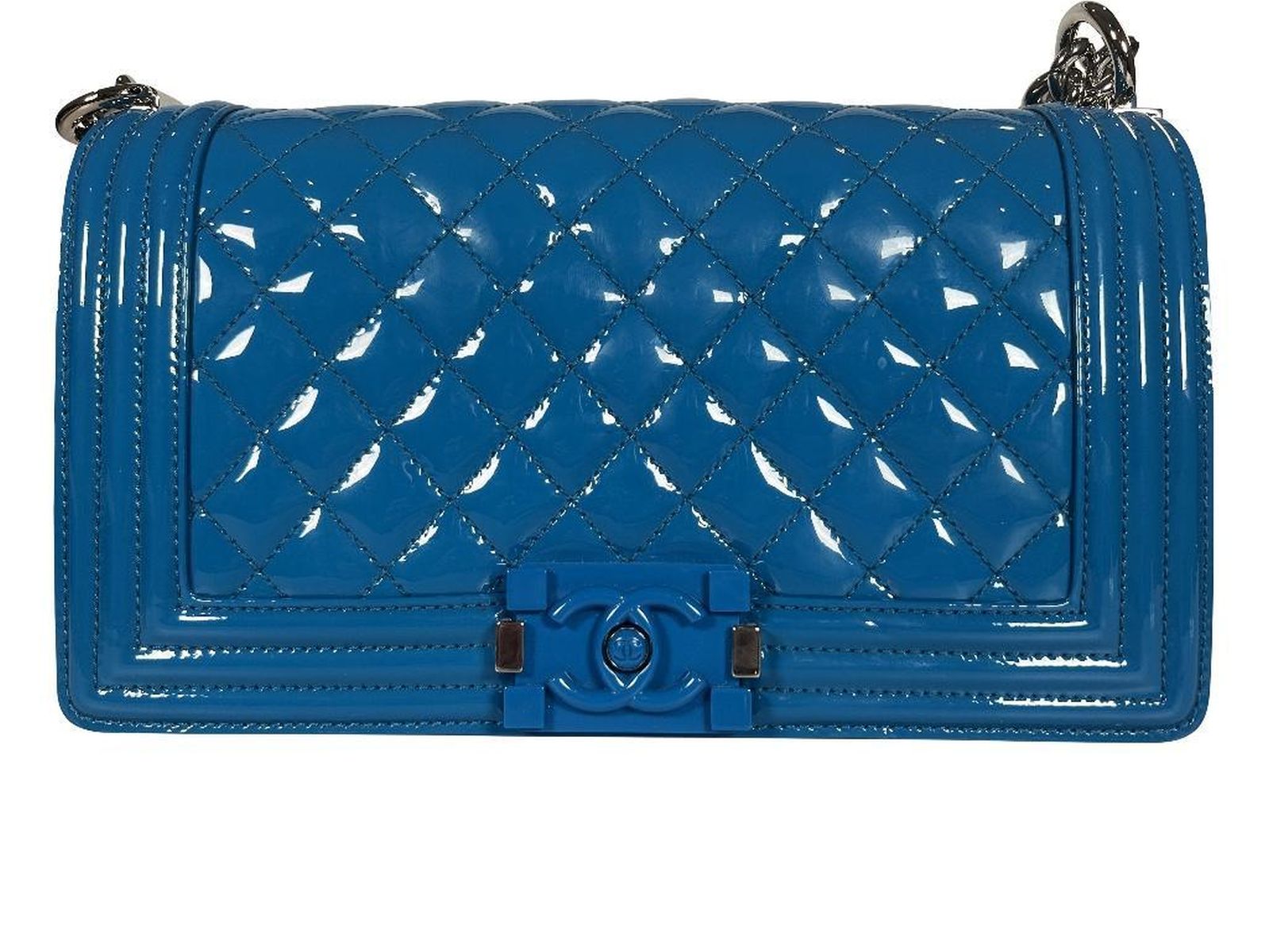 Chanel Blue Quilted Patent Leather Medium Boy Bag